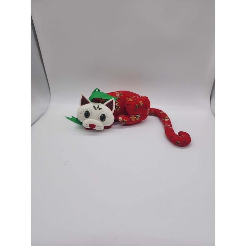 Vintage Christmas handstitched Cat Red Teddy Bear Print Green Ribbon Holiday